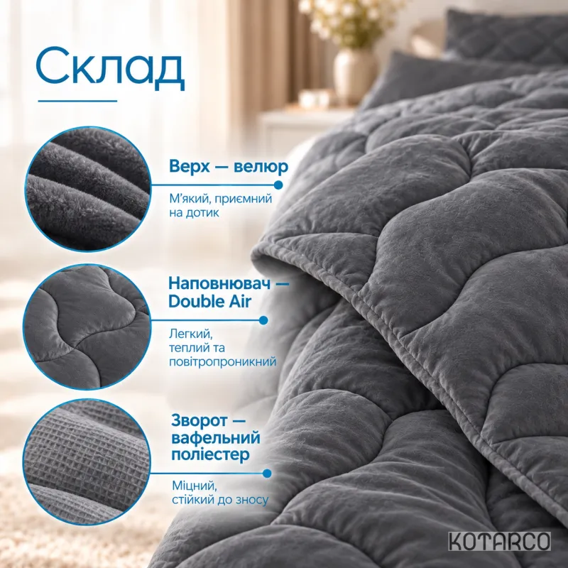 Ковдра зимова Велюрова Double Air 350 г/м² Темно-сіра — фото 4