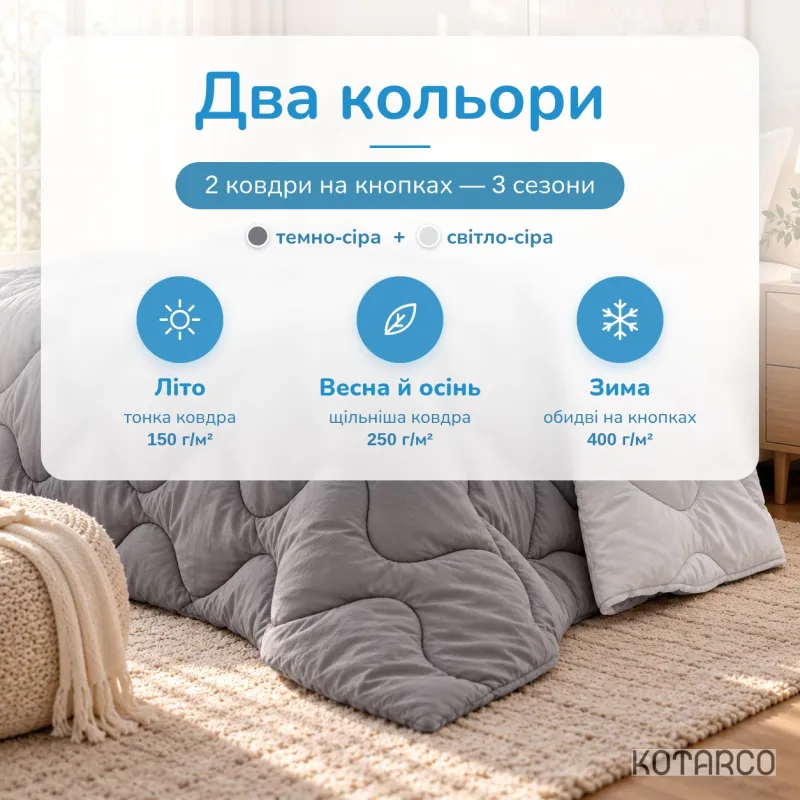 Ковдра всесезонна Два кольори темно-сіра/світло-сіра гіпоалергенна 400 г/м² — фото 2