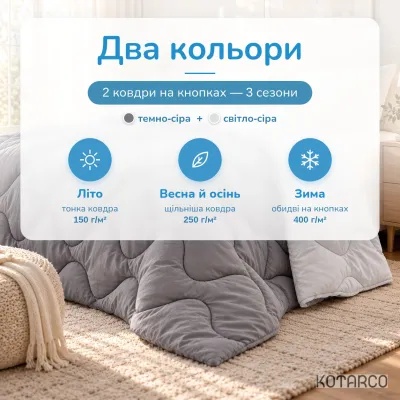 Ковдра всесезонна Два кольори темно-сіра/світло-сіра гіпоалергенна 400 г/м²