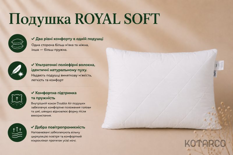 Подушка антиалергійна двокамерна та двостороння з мембраною ROYAL SOFT — фото 6