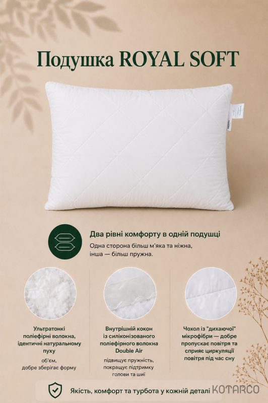 Подушка антиалергійна двокамерна та двостороння з мембраною ROYAL SOFT — фото 7